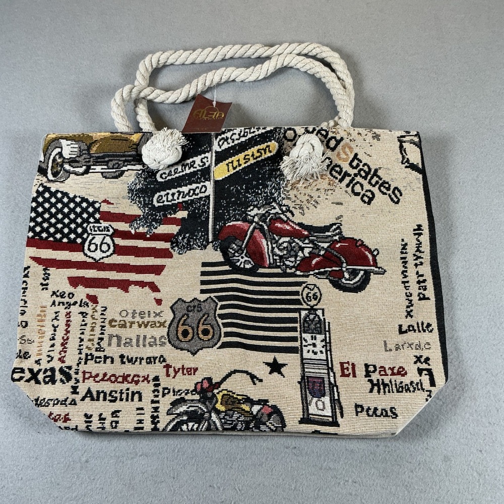 Alfa Bags Route 66 Americana Tapestry Tote Motorcycle Classic Cars NWT